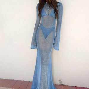 Blue Summer Women's Solid Color & Sexy Backless Beach Cover-Up